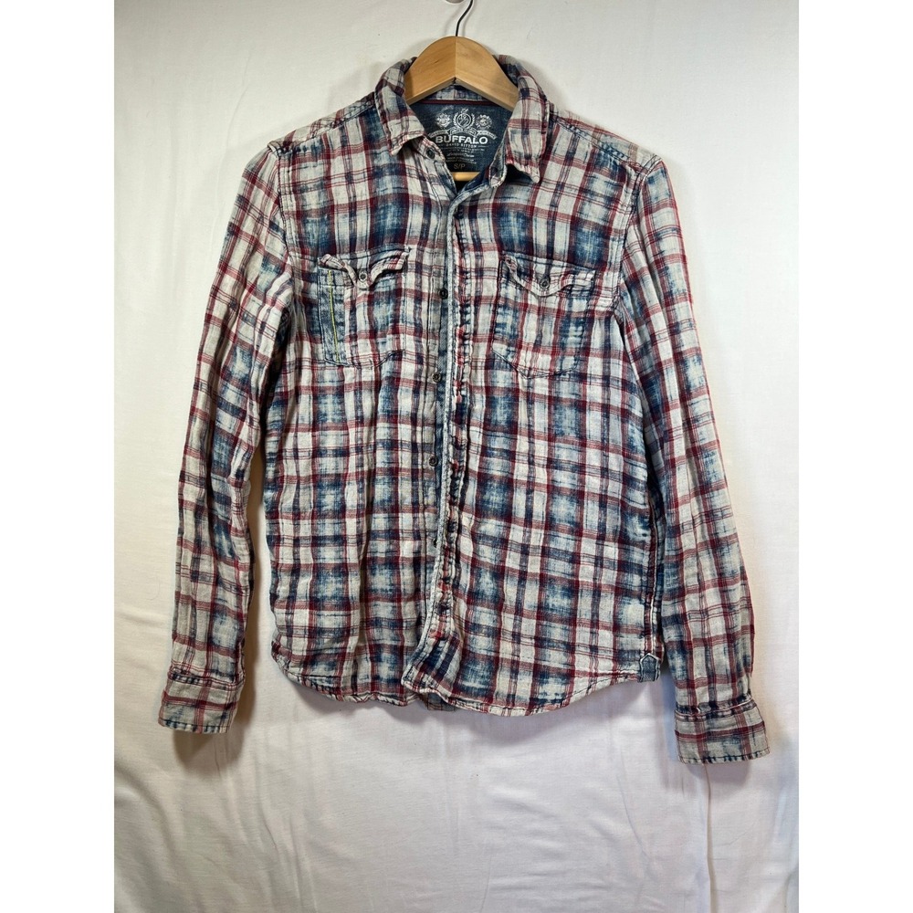 Buffalo David Bitton Mens Small Plaid Button Down Shirt Red Blue Elbow Patches